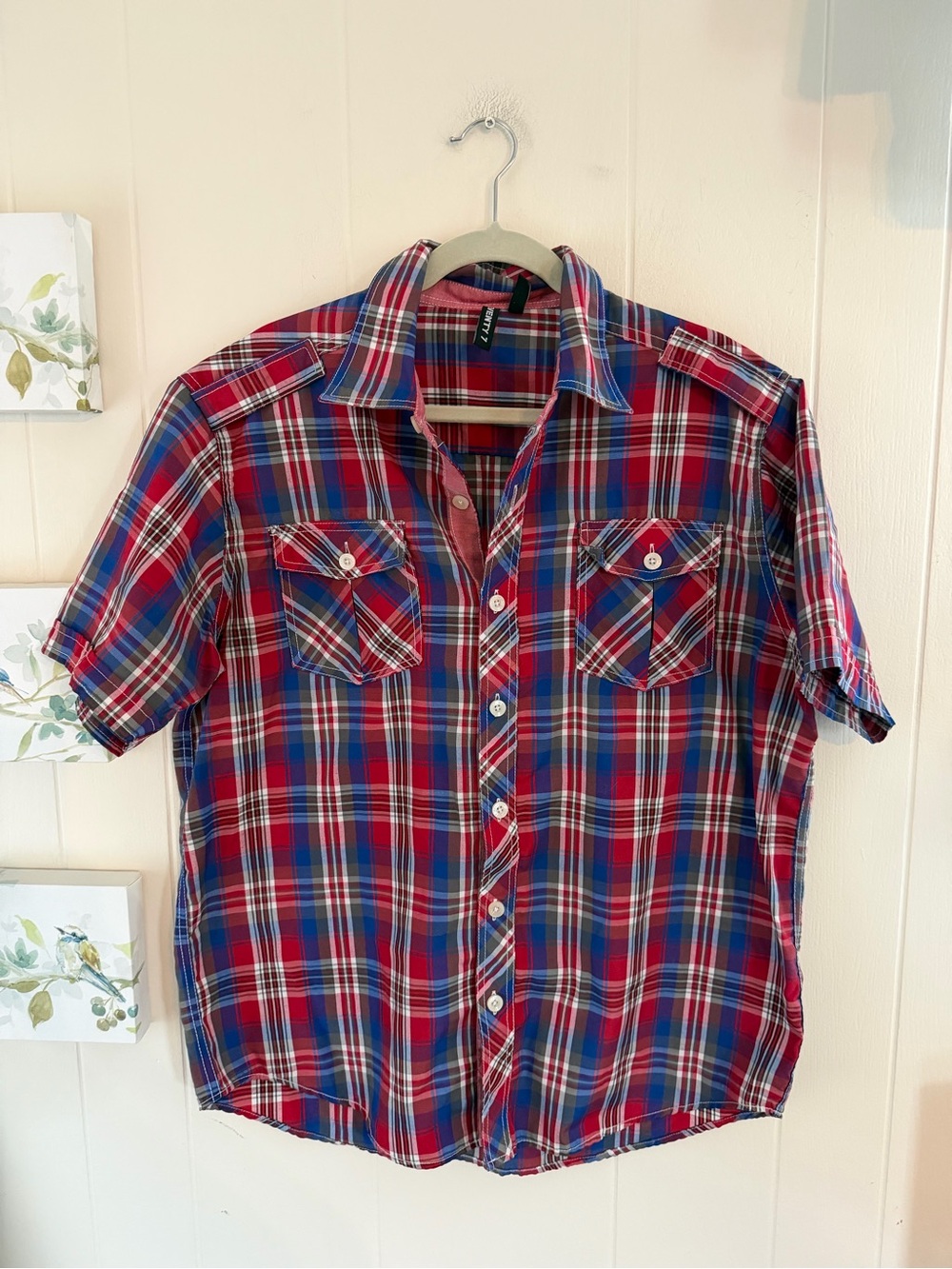 Seventy 7 Men’s Large Red Blue Plaid Short Sleeve Button Up Utility Shirt